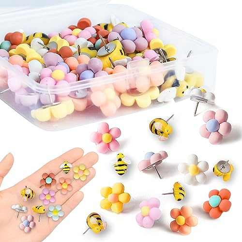 46 st blommor ritstift för anslagstavla, bi tryck söta pin board nålar med förvaringsbox, häftstift återanvändbara trycknålar för korkbräda, skola, kontorskarta, fotovägg användning