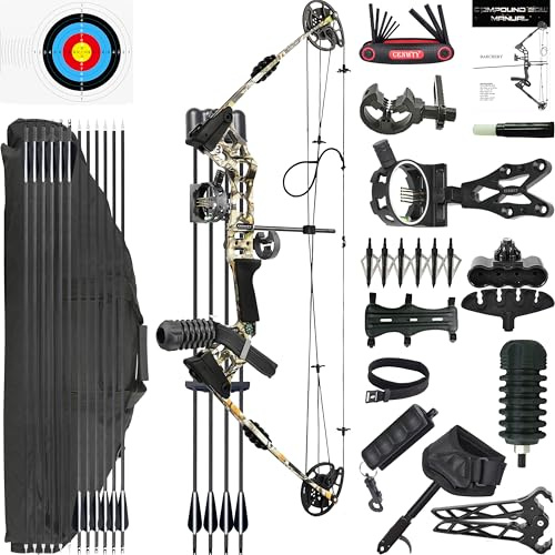 CENWTY Bågskytte Compoundbåge Set 20-70 LBS, Draglängd 24”-30”, upp till IBO 320 fps, Jakt Compoundbåge med alla tillbehör för bågskytte jakt målskytte övning (Camo Högerhänt)