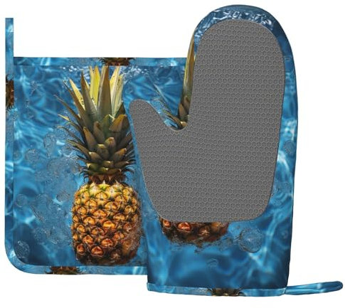 Silikon-Ofenhandschuhe und Topflappen-Set, 260 °C, hitzebeständig, Küchenhandschuhe und Topfpads, Ananas im Pool, rutschfeste heiße Pads zum Kochen, Grillen, Backen