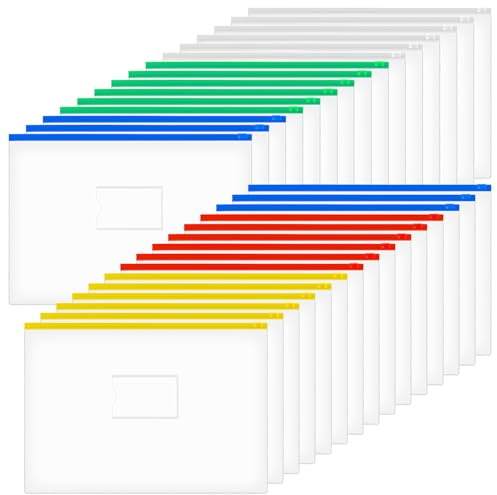 Mardatt 30pcs Plastic Envelopes Poly Zip Envelope Clear Zipper Pouches File Folders, A4, Letter Size, 5 Colors, Reusable Bill File Bag for Money Cash Files School Office Supplies