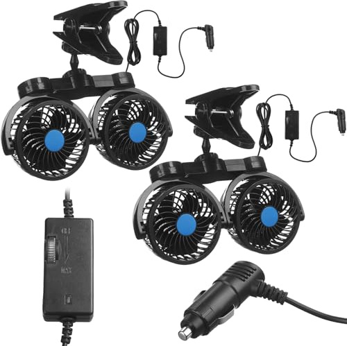 Tujoe 2 Sets 12v Car Fan Adjustable Dual Head Fan for Front Rear Seat 360° Rotatable Car Clip Fan Cooling Car Seat Fan with Stepless Speed Regulation and Cigarette Lighter Plug for Vehicles Suv Rv