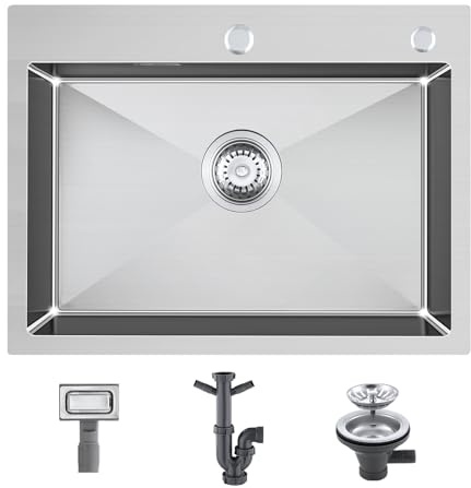 KEOKBON 60 * 45 * 19cm-Handmade 304 Stainless Steel Single Bowl Kitchen Sink with Basket Strainer and Overflow for Flushmount and Topmount Installation,with Tap Hole, Brushed Silver Satin Finish