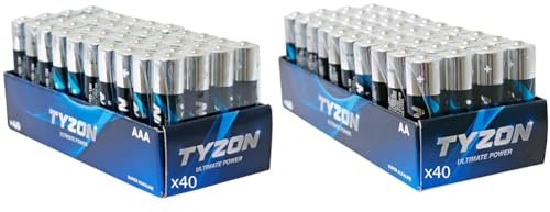 Tyzon® Pile Alcaline AA 1,5 V, Pacco da 40 – Durevoli e Potenti, Ideali per Apparecchi Domestici ed Elettronici & Tyzon® Pile Alcaline AAA 1,5 V, Pacco da 40 – Durevoli e Potenti