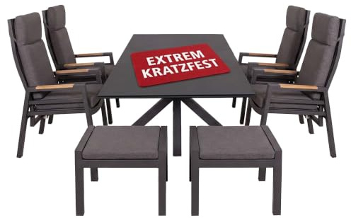 MR. DEKO Gartenmöbel Set 7-teilig | Gartentisch Keramik Malaga 200x90 cm | mit 4er Set Gartenstühlen verstellbar Sevilla | 2X Hocker | Garten-Sitzgruppe Teakholz Armlehne | Outdoor Essgruppe