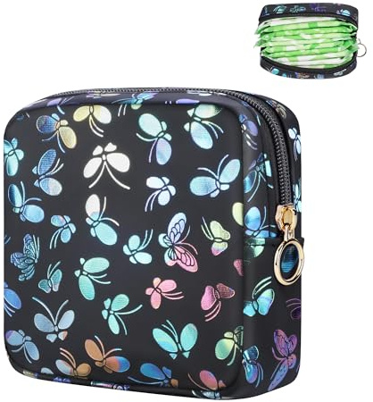 Likesing Period Bag Pouch, Leather Sanitary Napkin Storage Bag for Girls Womens, Portable Sanitary Napkin Period Pad Pouch Bag for Purse, Small Make Up Bags, Black-Butterfly, Fashion