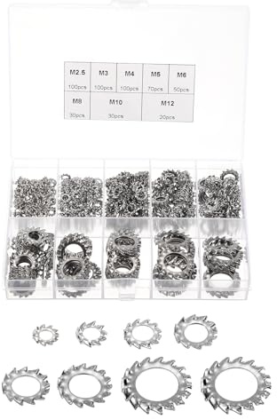 QUARKZMAN Kit de Surtido 500 Piezas Arandelas de Bloqueo con Dientes Externos Acero Inoxidable 304 Arandela Dentada Externa M2.5/M3/M4/M5/M6/M8/M10/M12 para Sujetadores Mecánicos