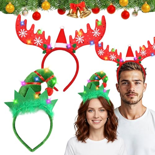 2 Stück Weihnachts Kopfschmuck,Weihnachten Stirnbänder,Haarreif mit LEDs,Leuchtende Haarreif,Weihnachtsmütze Kopfbedeckung Rentier Geweih Haarreifen,Weihnachtsstirnband Rot Grün für Erwachsene