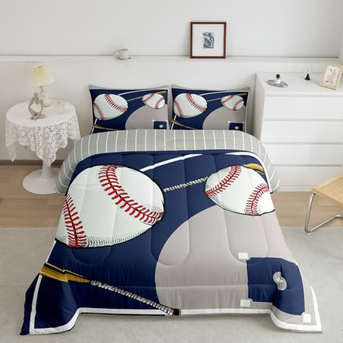 jejeloiu Baseball Comforter Set Toddler Kids Gaming Sports Comforter for Boys Girls Teens Baseball Court Bedding Set Breathable Sports Theme Blue Gray Duvet Set Room Decor Quilt Set