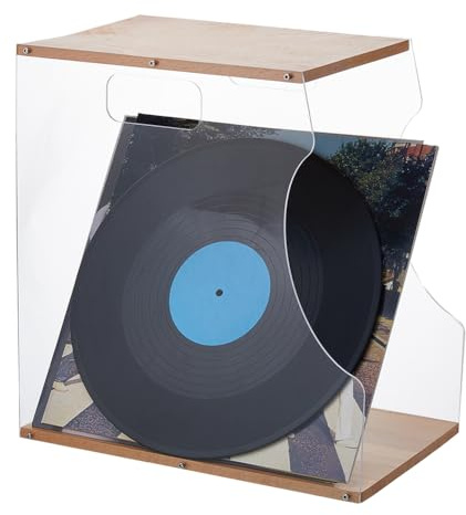 SUPERFINDINGS Portadiscos acrílico Organizador de Madera para Discos de Vinilo Bandeja para Discos de Vinilo Estante para CDs y Revistas con Tabla de Madera para Libros revistas Archivos
