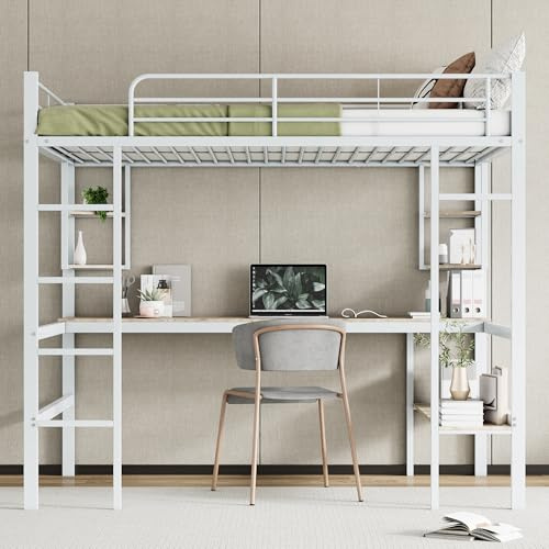 Hochbett, 140x200cm Bettgestell Metallbett, Eisenbett mit Schreibtisch, Ohne Matratze, Hochbett mit vier kleinen Regalen und einem großen Bücherregal für Kinder, Jugendliche und Erwachsene, Weiß