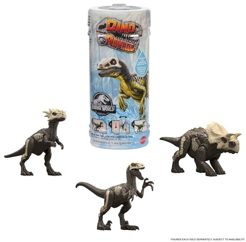 Jurassic World Assortiment Dino Color Reveal avec figurines dinosaures surprises à plonger dans l’eau chaude pour révéler les décorations, taille entre 13 et 18 cm, espèces pouvant varier