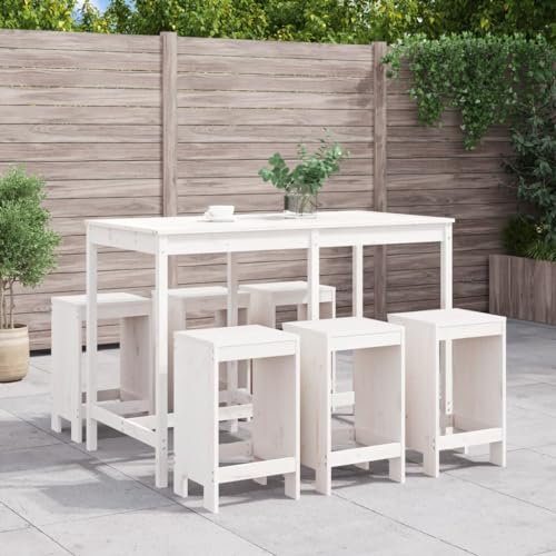 KTHLBRH 7-TLG. Gartenbar-Set Weiß Massivholz Kiefer Gartenmöbel-Sets Terrassenmöbel-Sets Outdoor-Möbel-Sets Balkonmöbel-Sets für Terrasse, Garten, Balkon