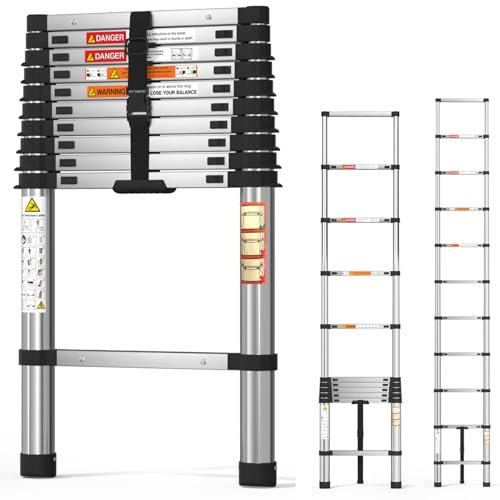3.2M Extendable Ladder Steel Telescoping Ladder Portable 10.5FT Step Ladders Multi Purpose Max Load 150KG Capacity, More Sturdy and Durable than Aluminum Ladder
