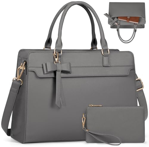 RAINSMORE Handtasche Damen Shopper Damen Groß 15.6 Zoll Laptoptasche Damen Wasserdicht PU Leder Arbeitstasche Umhängetasche mit Geldbörse 2-teiliges Set für Business Arbeit Schule Grau