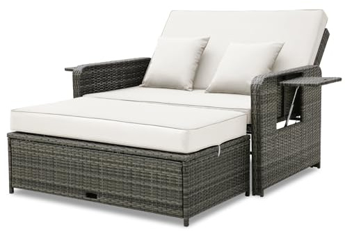 COSTWAY Garden Rattan Daybed, 4-Level Adjustable Patio Wicker Loveseat Sofa Bed Sun Lounger with Storage Ottoman, Retractable Tray & Cushions, Outdoor Double Conversation Furniture (White+Mix Grey)