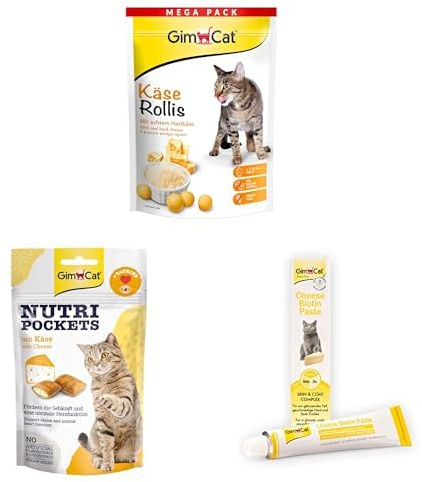 Bundle: GimCat Käse Rollis, Nutri Pockets Käse & Cheese Biotin Paste - Getreidefreier und vitaminreicher Katzensnack mit echtem Hartkäse + Knuspriger Katzensnack mit cremiger Füllung + Cheese Paste