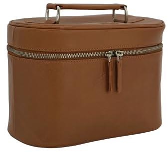 GERMANUS Handgemachte Kosmetiktasche Leonie, Kosmetikkoffer und Kulturtasche aus dickem Leder (Braun)