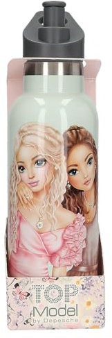 Depesche 13411 TOPModel Summer Feeling - Edelstahl Trinkflasche in Salbeigrün, mit Model Motiv, mit Trinkmodul und Griff, Fassungsvermögen ca. 500 ml