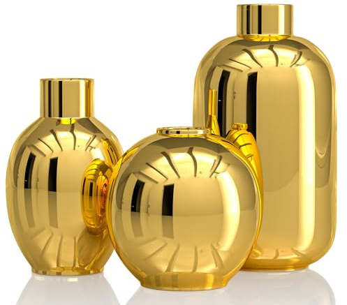 Set aus 3 glänzenden goldenen Keramik-Vasen, moderne runde dekorative Vasen für die Dekoration von Zuhause, Schlafzimmer, Büro, Wohnzimmer, Regal (Gold)