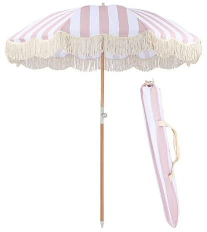 Beach Umbrella Tilting Parasol Sun Shade Stripe 200Cm/7Ft Tiltable Holiday Outdoor Garden Folding Wooden Pole Protection Upf 50+ Portable Tassel With Carrying Bag