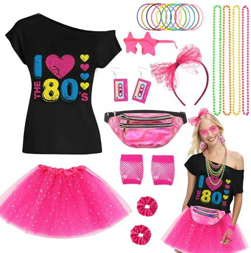 Carreuty 25 Pcs 80er Jahre Outfit Damen Set, 80er 90er Jahre Kostüm mit T-Shirt Tutu Bauchtasche Ohrring Netzhandschuhe Brillen Haarbänder, 80er Retro Neon Party Accessoires für Karneval Neon Party