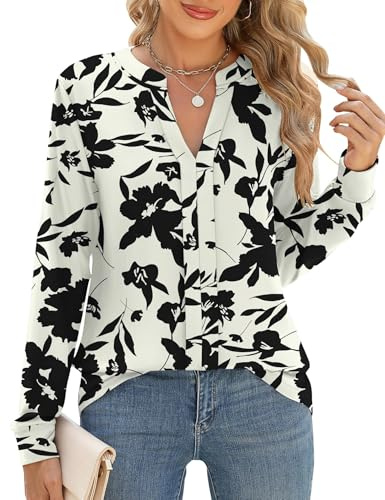 Cuptacc Blusa Mujer Camiseta Manga Larga Cuello en V Camisa Mujer Color Sólido Suelta Básicas T Shirt Otoño Albaricoque Negro Floral, Medium M 38-40
