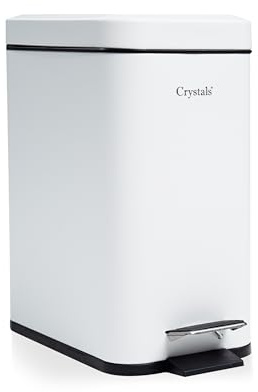 Crystals 3L Slim Rectangular Pedal Bin with Soft Close Lid – Compact Modern Rubbish Bin with Removable Inner Bucket for Bathroom, Kitchen, Toilet, Office – Hands-Free Waste Bin (White)