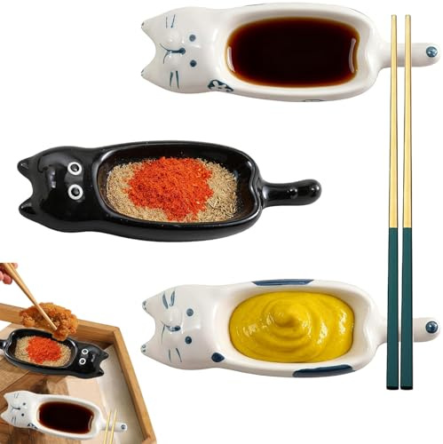 HSYTEK 3 Stück Dipschalen, 13 x 4.2 cm Katzenform Dip Schälchen, Mini Katzenmotiv Keramikschale Stapelbar, Kleine Schüsseln für Ketchup, Senf, Sojasauce, Essig (Weiß)