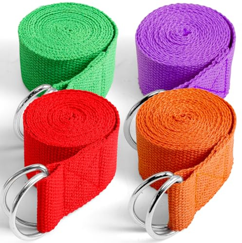 PLMMOUT 4 Stück Yogagurt, 1,8 m Yoga Gurt mit D Schnalle, Yoga Strap aus Baumwolle für Anfänger und Fortgeschrittene, Yogas-Band Yogariemen für Dehnen und Fitness, 4 Farben
