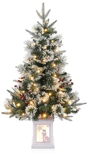 Weihnachtsbaum Künstlich 90 cm mit 78 Beleuchtung, Snow Flocked Künstlicher Weihnachtsbaum Batteriebetrieben Pre-lit Premium mit roten Beeren Weihnachten deko für Zuhause, Büro, Weiße Basis