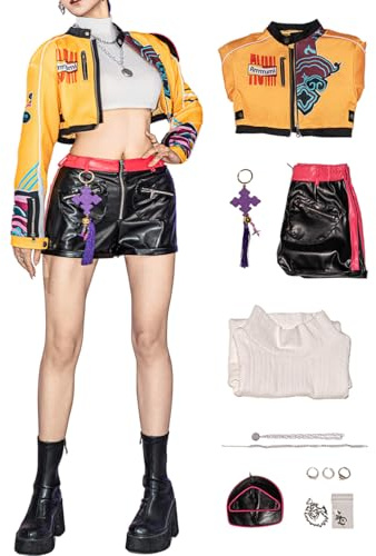 OSIAS Rumi Cosplay Mujer con Pantalones Cortos de Cuero Elásticos y Chaqueta con Hombros Acolchados (M)