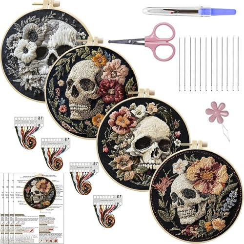 Generisch Halloween Stickerei Set mit Schaurigem Schädel-Design und Anleitung - Inkl. Stickrahmen, Garn & Schere - Für Anfänger, Erwachsene, Familie, Freunde und Handarbeits-Fans(A)