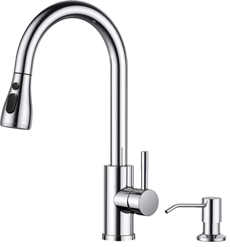 FORIOUS Mitigeur de Robinet Cuisine avec distributeur de savon, Mitigeur Cuisine extensible à 2 modes de jet, mitigeur monocommande eau chaude et froide, Chrome Poli