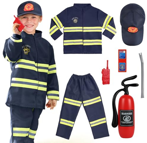 AYBUY Costume de Pompier pour Enfants, Déguisement Pompier Contient 8 Accessoires, Accessoires de Déguisement de Pompier pour Enfants Parfait pour Halloween ou Carnaval, Jeu de Rôle,Bleu Foncé