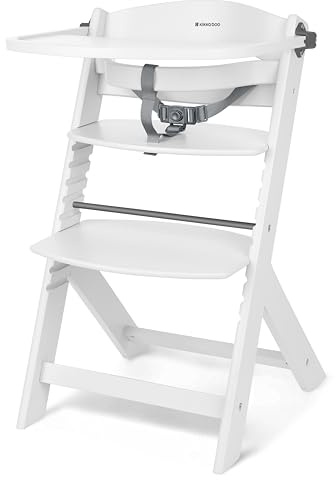 KikkaBoo NORDY Holz-Hochstuhl für Babys, Verstellbarer Kinderstuhl bis 35 kg, Buchenholz, Abnehmbares Tablett, Verstellbare Sitz- & Fußstütze, Sicherheitsbügel, 3-Punkt-Gurt, Ergonomisches, Weiß