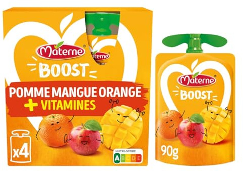 MATERNE - Compotes Boost pomme mangue orange sans sucres ajoutés | Savoureux et onctueux | Idéal en dessert | les 4 gourdes de 90g | LOT DE 4