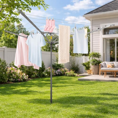 Suptinwear Outdoor Rotary Clothesline with Ground Spike, 4 Arm Umbrella Clothes Drying Rack, 12-Line 131 ft Large Laundry Drying Line, Adjustable Height Outdoor Clothesline for Backyard Patio Garden