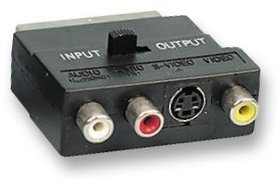 Scart plug to 3x Phono socket adaptors with integral IN or OUT switches