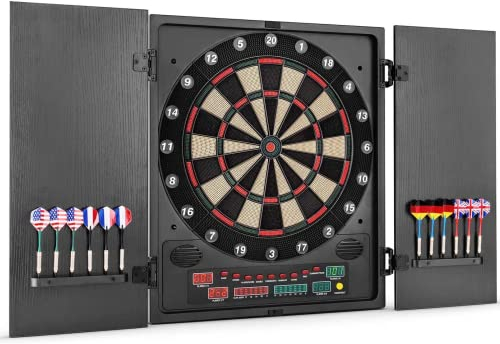 OneConcept - Dartmaster 180 Dartautomat, Dartscheibe elektronisch, E-Darts, Dartboard mit bis zu 8 Spieler, virtueller Gegner, LED-Anzeigen, 12 Pfeile, Schwarz