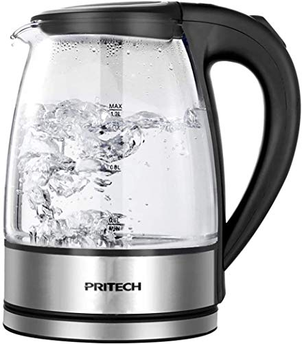 Pritech 1.2L Bouilloire Électrique en Verre avec, 1630W Rapide pour Le Thé, Auto Arrêt, sans BPA et Filtre Anticalcaire, Niveau Eau Visible, Poignée Cool Touch