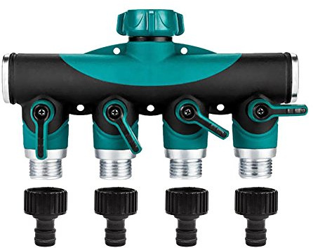 NUZAMAS 4-Wege-Schlauchverteiler, 4-Wege-Schlauchverbinder mit Absperrventilen, 1,9 cm Wasserhahn und Ausgänge, verwenden Sie bis zu 4 Schläuche auf einmal und 4 Schnellverbinder-Adapter