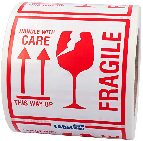 Warnetiketten 100 x 100 mm - Paket Aufkleber fragile - handle with care - 500 Versandaufkleber auf 1 Rolle(n), Polyethylen selbstklebend