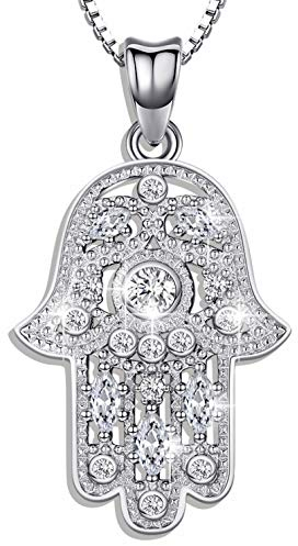 Collier Main de Fatma en Argent Sterling 925, Pendentif Main de Fatma Argent et Gemme Bijoux Cadeau, Collier Argent Anniversaire Noël Cadeaux pour Petite Amie Femme Maman
