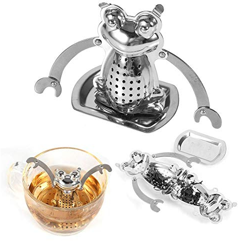 Uovo di tè a rana, infusore di tè in acciaio inox per tè sfuso, colino per tè, filtro per perdite di tè, filtro per spezie con vassoio per casa e ufficio