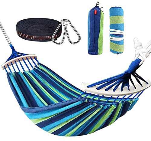 Hängematte Outdoor Baumwolle 280 x 160 cm, HOSPAOP Doppelhängematte Stabhängematte für Indoor Outdoor Balkon Garten Camping Strand, Tragbar und Atmungsaktiv, 300kg Tragkraft