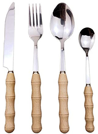 Couverts de table, ensemble de couverts en acier inoxydable, ensemble d'ustensiles, ensemble de couverts avec manche en bois massif vaisselle vaisselle-4 pièces