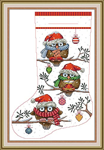 OWN4B Kreuzstich-Set, vorgedruckt, Weihnachtsstrumpf, Eule, geprägtes Muster, 11 Karat, 43,9 x 63 cm, DIY-Stickset (Socke 7)