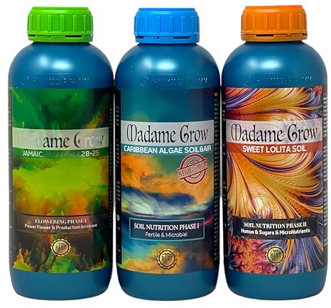MADAME GROW - Concime Organico - Fertilizzante per la coltivazione di piante 420 - Alghe, energia e fioritura PK - Massimo rendimento - Massimo raccolto - KIT IBIZA (3x1L)