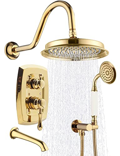 ZYGOLVQ Gold Vintage Brass Shower System with Tub Spout - 9 Wall Mounted Rainfall Head and Brass Ceramic Handheld Spray, 3 Way Diverter Brass Rough-in Valve Trim Kit
