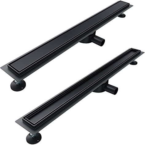 SONNI Canalina per doccia, 90 cm, set completo di scarico nero, girevole a 360°, extra piatta con antiodore e filtro per capelli, in acciaio inox 2 in 1, canalina di scarico doccia piastrellabile